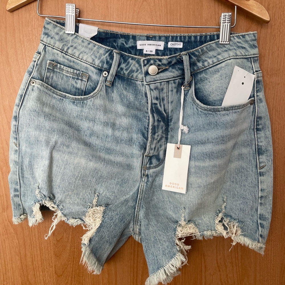 Good American Light Blue Distressed Denim Jean Shorts